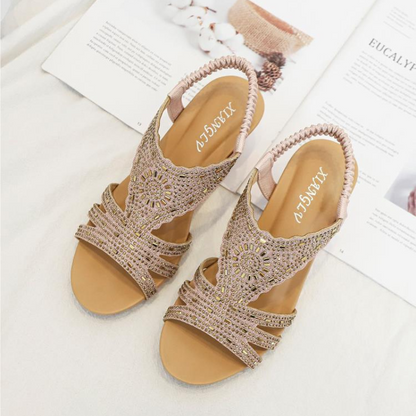 Women Wedge Sandals Leather Rhinestones Vintage Design Summer Beach Sandals