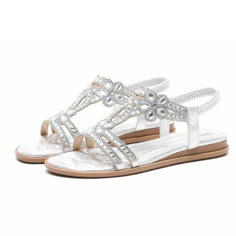 Orthopedic Women Wedge Sandals Floral Crystal Flat Heeled Clip Toe Beach Sandals