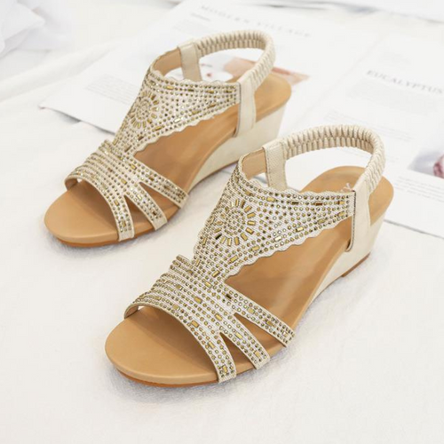 Women Wedge Sandals Leather Rhinestones Vintage Design Summer Beach Sandals