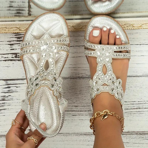 Orthopedic Women Wedge Sandals Floral Crystal Flat Heeled Clip Toe Beach Sandals