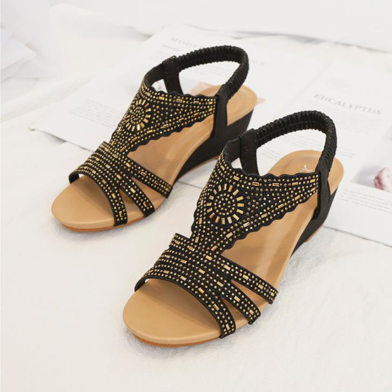 Women Wedge Sandals Leather Rhinestones Vintage Design Summer Beach Sandals